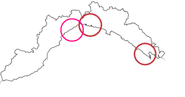 carta geografica della liguria con indicati i tre siti unesco