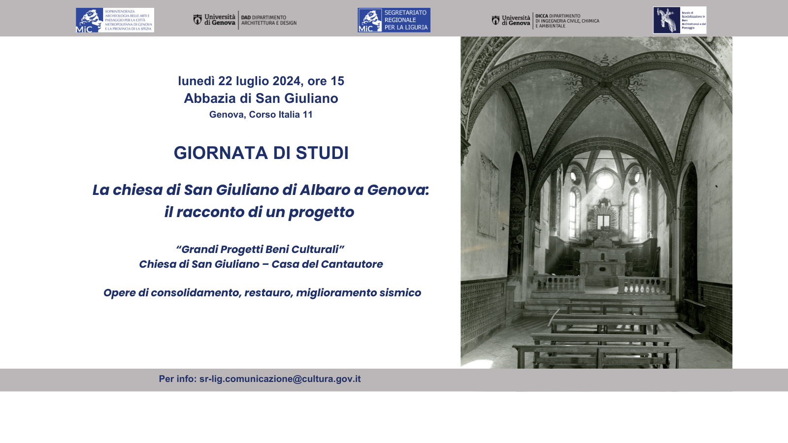 Locandina della giornata di studi presso la chiesa di San Giuliano a Genova